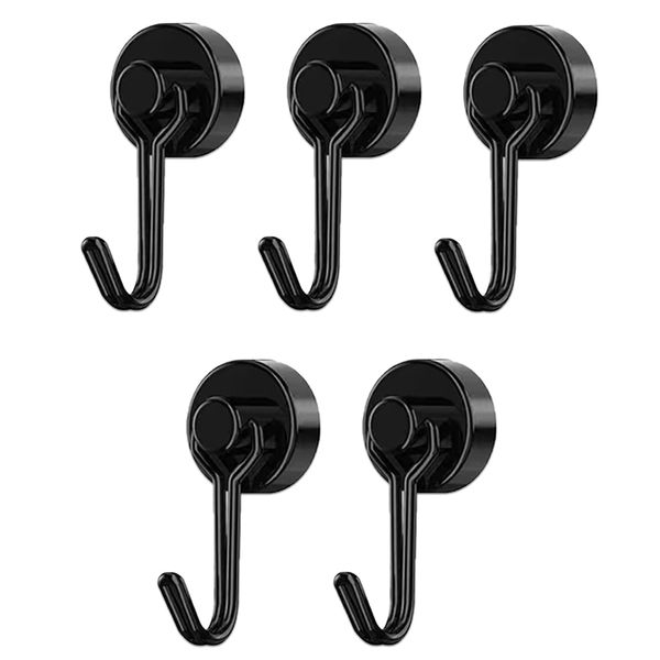 Magnetic Hooks, Super Strong Neodymium Magnets, Stainless Steel, Interior Decoration, Organization, Set of 5 (Black, Diameter 0.8 inches (20 mm)