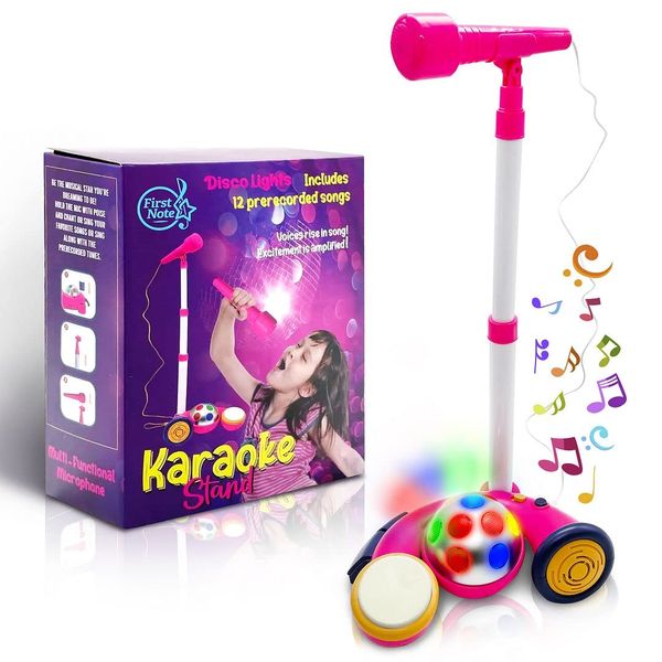 Kids Microphone with Stand, Sing Along Kids Karaoke Machine, Musical Singing Toy, Microphone for Kids with Flashing Stage Lights and Pedals for Fun Sound Effects by First Note USA, Pink