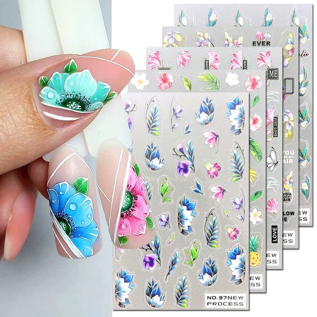 5 Sheets Flower Nail Art Stickers 5D Embossed Nail Decals Spring Pink Magnolia Nail Art Design 3D Self Adhesive Nail Supplies Petals Leaf Blooming Floral Nail Stickers for Women Manicure Decoration