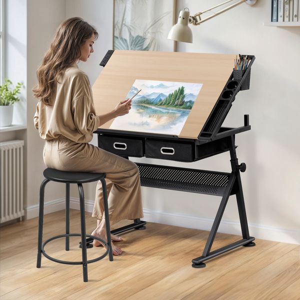 Adjustable Height Drafting Drawing Table Tiltable Tabletop Edge Stopper Natural
