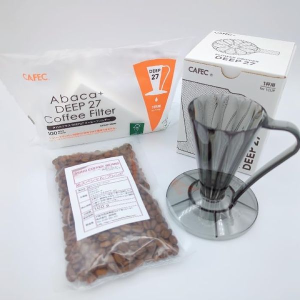 Coffee Bean Set, Flower Dripper DEEP27 (1 Cup), Includes Abacaplus Paper (Clear Black, Powder State)