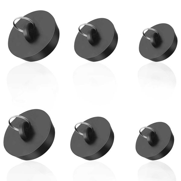 WACH AUF 6 Pcs Bath Plugs Black Rubber Universal Bath Plugs Different Sizes Sink Stopper with Hanging Ring Drain Plug for Kitchen Bathroom Bathtub Washroom Sink (3 Sizes)