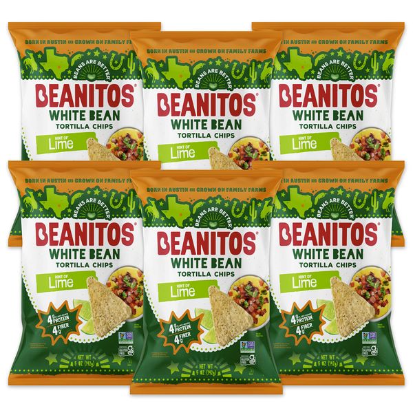 Beanitos White Bean Chips - Hint of Lime - (6 Pack) 5 oz Bag - White Bean Tortilla Chips - Vegan Snack with Good Source of Plant Protein and Fiber