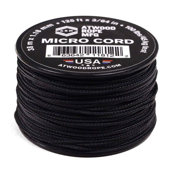 Parachute Cord Micro Cord Black, 1.12 mm Diameter, 1000 ft by Parachute Cord