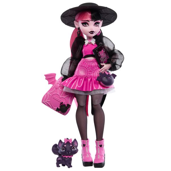 Monster High Draculaura Doll with Pet Bat-Cat Count Fabulous & Accessories Like Backpack, Spell Book, Bento Box & More