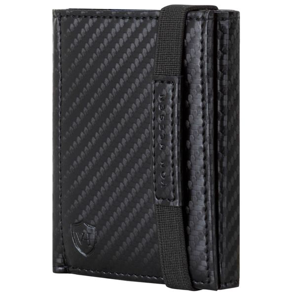 VON HEESEN Slim Wallet mit RFID Schutz - Geldbörse Herren klein - Mini Geldbeutel Damen Portmonee - Kartenetui Echtleder Karten Portemonnaie - Leder Kreditkartenetui Carbon-Schwarz