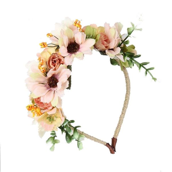 JZK Wedding flower headband for flower girl bride bridal daisy tiara girl and woman bridal hairband floral garland headpiece, White beige