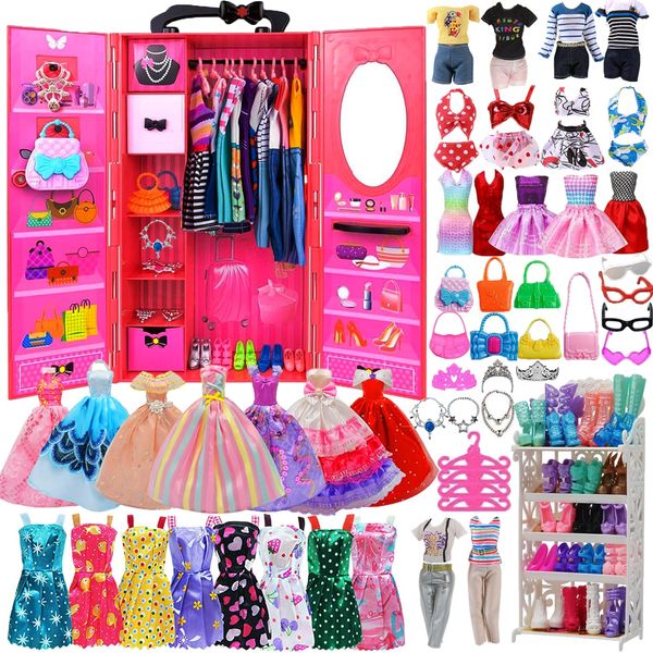 Korilave 108 Pcs Doll Clothes and Accessories with Closet Wardrobe for 11.5 Inch Doll, Wedding Gowns Dresses Swimsuits Hangers Necklace Bags, Birthday for 4 5 6 7 8 9 10 11 12 Year Old Girl