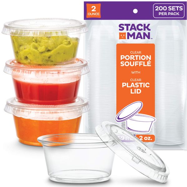 [200 Sets - 2 oz.] Small Plastic Containers with Lids, Jello Shot/ Condiment Cups, 2oz Dipping Sauce & Salad Dressing Container, Disposable Mini Portion Souffl, Ramekins, Pudding Cup