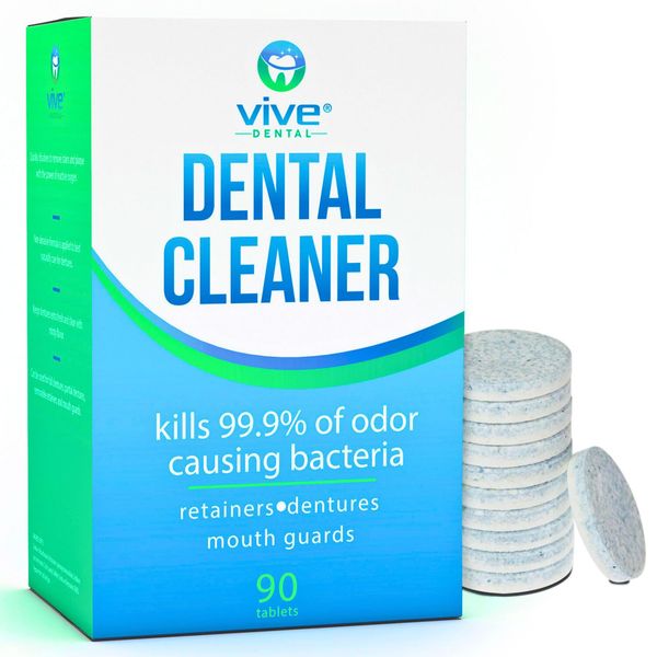 Vive Dental Retainer & Denture Tabs - Cleaner Tablets - for Mouthguard, Night Guard, Removable Partial or Full False Teeth - Overnight, Antibacterial Cleanse - Cleaning Removes Stains, Plaque, Odor