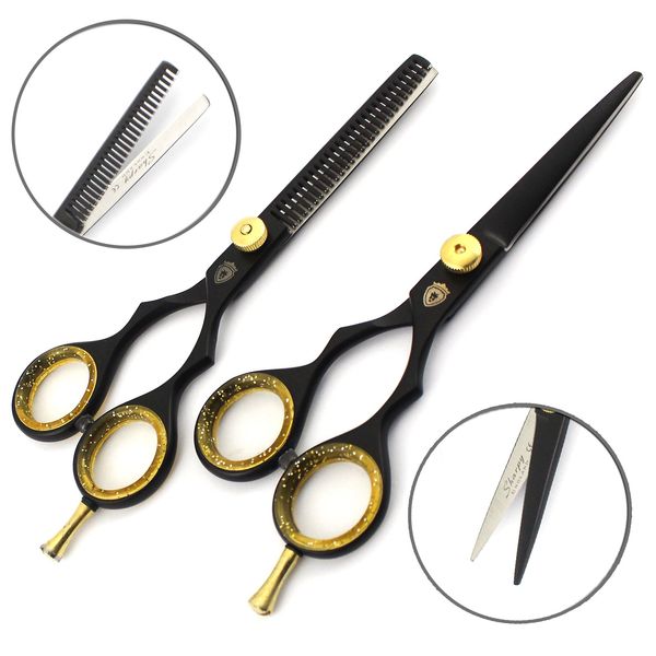 SHARPY Professional Barber Hairdressing Scissors Set Salon Hair Cutting Thinning Scissors Cutter Shears Stainless Steel Black 5.5inch