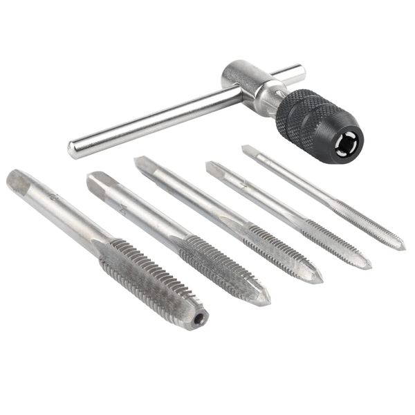 Mesee 6 Pieces Tap Wrench Tool Set, Adjustable T-Handle Ratchet Tap Holder Wrench Metric Plug Hand Threading Taps M3 M4 M5 M6 M8 Machine Screw Thread Tapping Tool for Metal Aluminum Plastic Wood