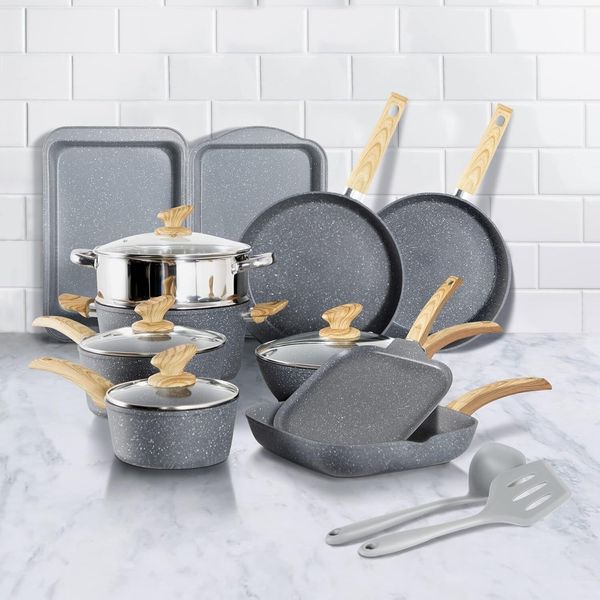 17 Pieces Cookware Set Nonstick Granite Coated Pots and Pans Set Bakeware Set