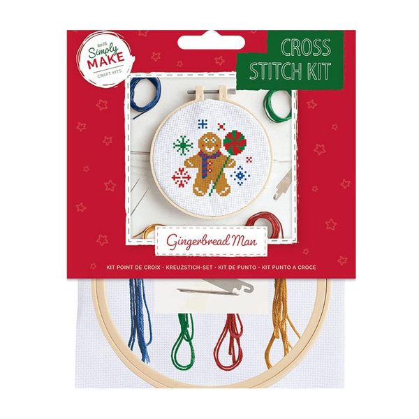 Simply Make Cross Stitch Kit - Gingerbread Man Design for Kids and Adults, Including Hoop, Embroidery Thread, Fabric and Needle - Perfect for Adult Crafts and Beginners Starter Cross Stitch Craft Kit