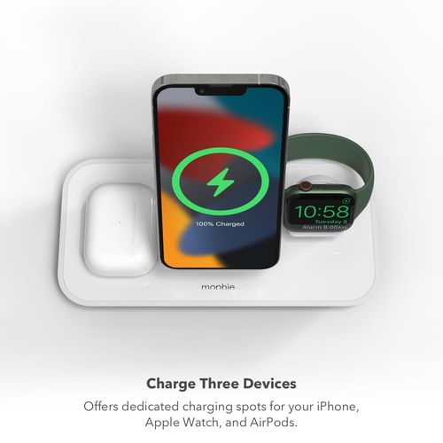 MOPHIE 3-in-1 Wireless Quick-Charger Fast Wireless Charging Dock - Magnetic Charge Stand for iPhone 16/15/14/13/12, Apple Watch, Airpods Charging for Three Devices (Renewed)