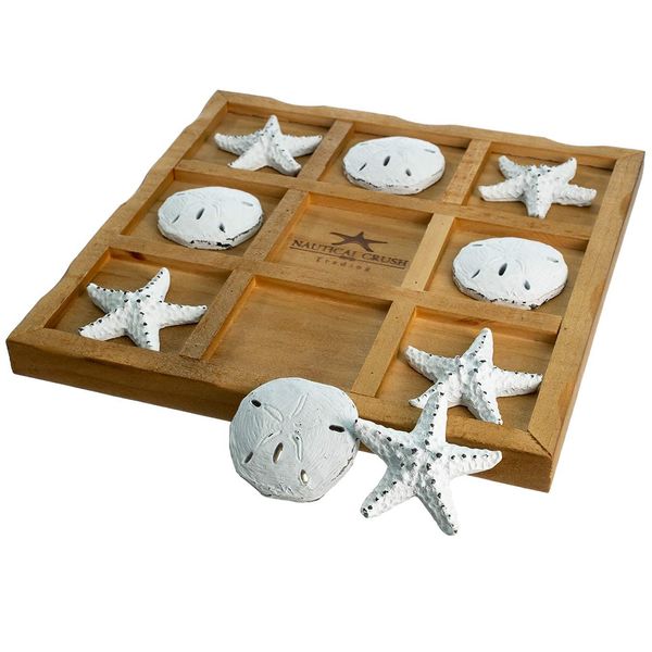 Starfish Tic Tac Toe Game - 9" x 9" - Beach Tic Tac Toe Game - Coastal Beach House Coffee Table Game Board - Tic Tac Toe Decor - Beach House Games - White Starfish & Sand Dollars