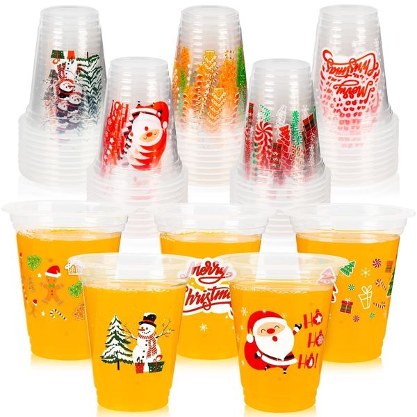 GuassLee Christmas Disposable Cups - 50 Pack 12 OZ Clear Disposable Christmas Plastic Cups Set with 5 Styles Patterns for Kids Adults Christmas Party Favors Coffee Wine Cold Drinks