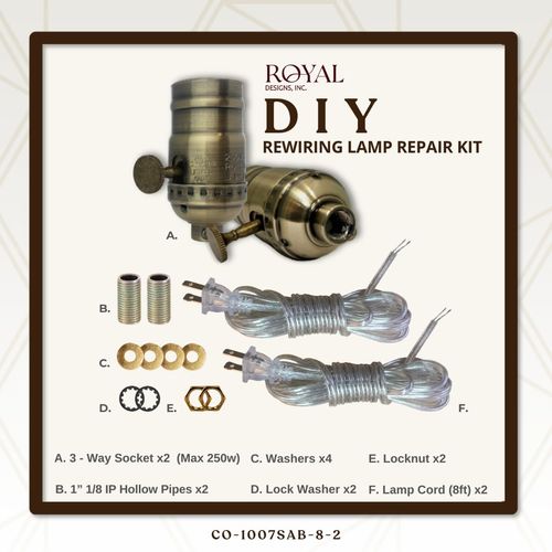 Royal Designs, Inc. DIY Rewiring Lamp Repair Kit (Antique Brass with Silver Cord, 8 Ft)