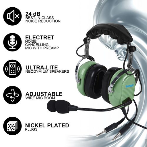 SVXSODA Stereo Mono Audio,GA Headphone Twin Plugs,24 db PNR Noise Reduction Aviation Headset with Mic,for PPL Student Pilots Flight Passengers Ground Crew Technican(629-B) (Light Green)