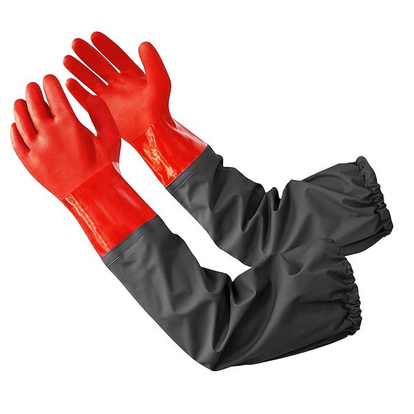 Coopache Full Arm Pond Gloves with Cotton lining Extra Long Waterproof Gloves for Pond Cleaning Care and Machinery Industry 25-inch (Red & Black, Medium)