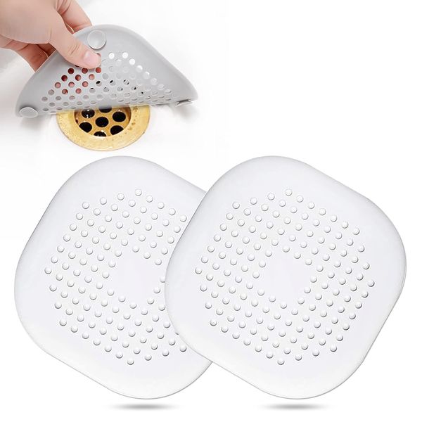 Hair Drain Catcher,Square Drain Cover for Shower Silicone Sink Drain Strainer Hair Stopper with Suction Cup,Easy to Install Suit for Bathroom,Bathtub,Kitchen 2 Pack(White)