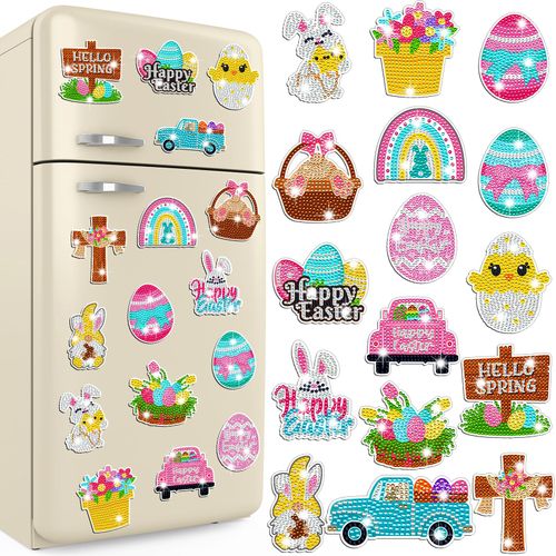 Umigy 16 Pcs Easter Diamond Art Magnets for Refrigerator Spring Diamond Painting Magnets DIY Eggs Bunny Gnome Truck Rhinestones Painting Kits Happy Easter Art for Kids Adults Crafts Fridge Decor