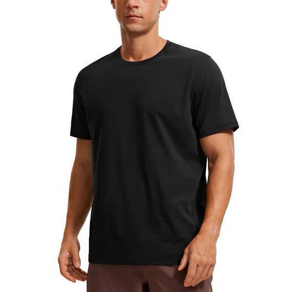 CRZ YOGA Men's Cotton Polyester Short Sleeve T-Shirt Classic Fit Casual Workout Tops Soft Premium Tee Black Large