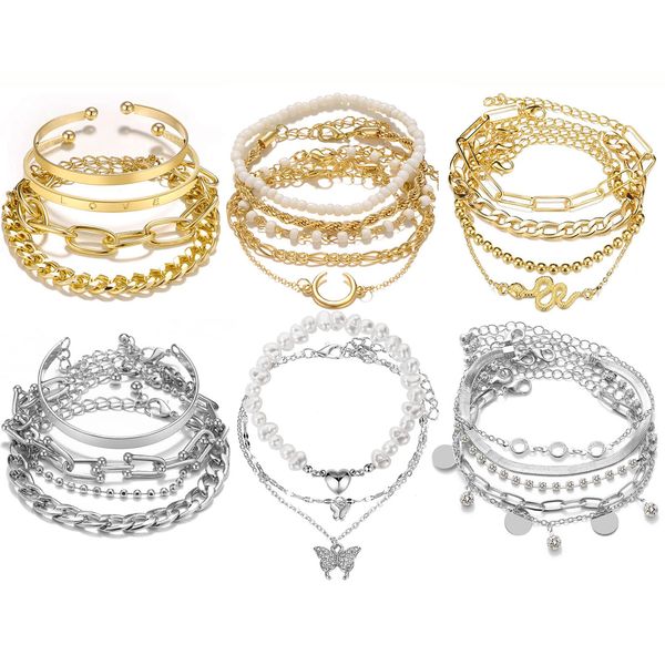 24 Pcs (7 Pack) Dainty Gold Silver Bracelet Set for women girl, Boho Chain Ankle Layered Stackable Link Adjustable Chunky Bangle Punk Fashion Jewelry