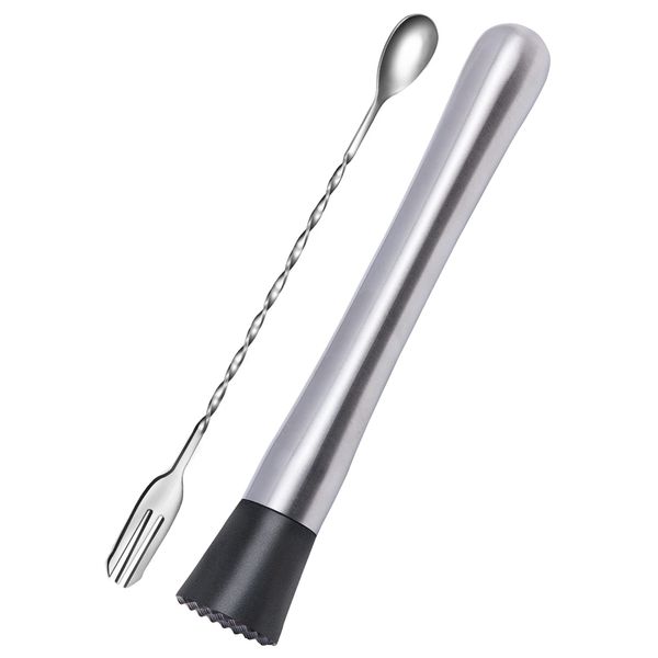 Ortarco 10 Inch Stainless Steel Muddler for Cocktail and 10 Inch Mixing Bar Spoon, 2 Pices Home Bar Tool Set