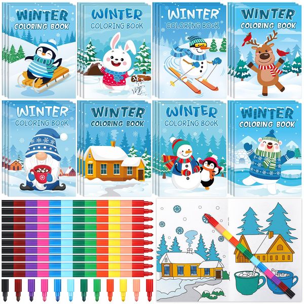 Funrous 24 Set Winter Coloring Books with Crayons Bulk Winter Christmas Party Favors Gifts Animals Penguin Polar Bear Snowman Activity Book Pages for Holiday Birthday Goodie Bags Fillers Prizes