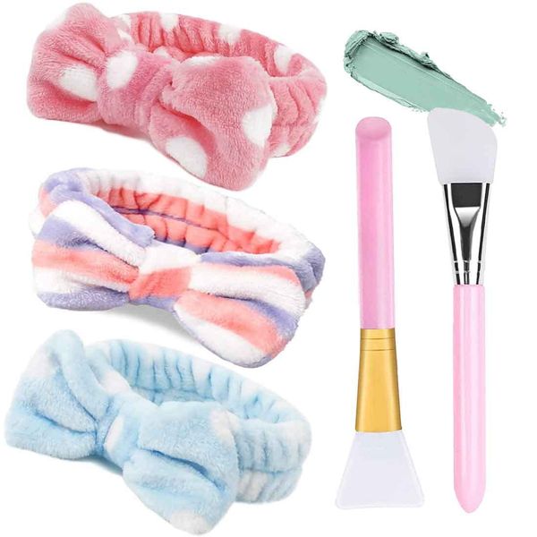 Makeup Haarband, FUKPO 3 Stück Damen Kosmetik Haarband Bowknot Stirnband mit 2 Silikonpinsel Maskenpinsel Gesicht, Haarbänder Schleife Elastisch Spa Haarreif für Gesichtsreinigung Schönheit Yoga