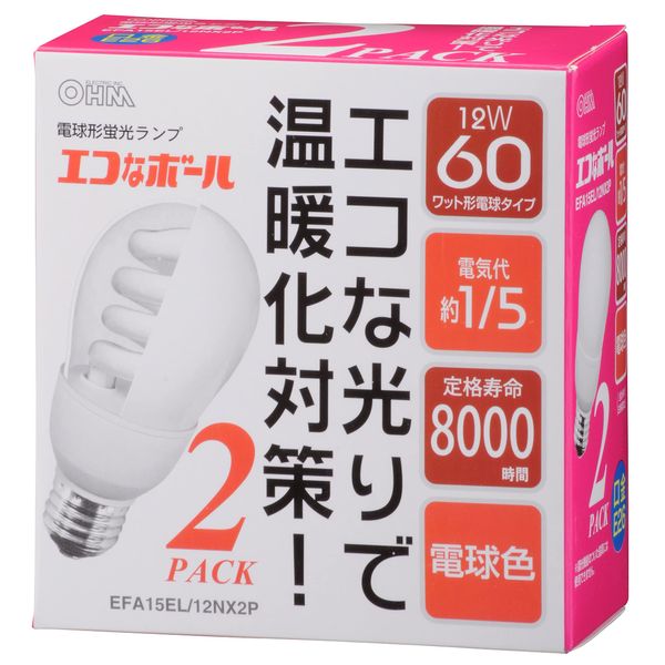 Ohm (OHM) Econa Ball 60W Base E26 Bulb Color Pack of 2 EFA15EL/12NX2P EFA15EL/12NX2P