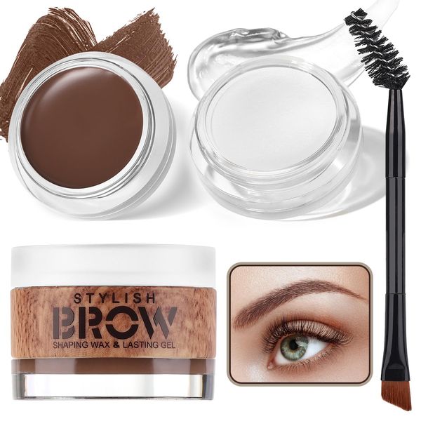 Eyebrow Makeup Kit, 2 in 1 Brow Gel with Styling Wax & Dual Ended Brush, Waterproof Light Brown Pomade for Sculpts and Fill Brows, Clear Brow Shaping Gel for Fluffy Feathered Brow Look