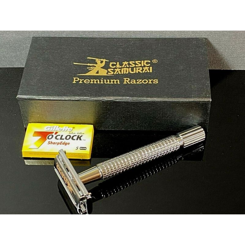 Men's DE Classic Stainless Safety Razor Shaving w 7 O Clock 5 Blades ...