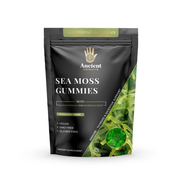 Ancient Extracts Sea Moss Gummies with Bladderwarck and Burdock Root - Immune System Booster, Supports Thyroid and Digestive Health - Vegan, Gluten free, GMO free Irish Seamoss Apple Flavour Gummy