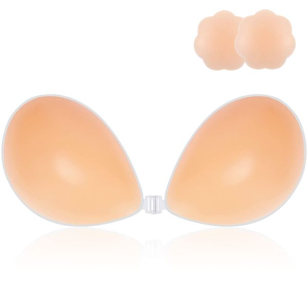 CatoFree Invisible Strapless Push Up Bra, Adhesive Silicone Backless Bra Reusable Sticky Bra with 2Pcs Nipple Covers for Evening Dress, Wedding Dress and Backless Strapless Clothing (A, Nude)