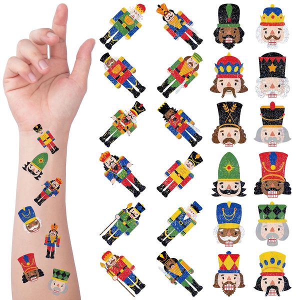 Nosiny 240 Pcs Christmas Nutcracker Glitter Tattoos Sticker Funny Mini Nutcracker Temporary Tattoo King Soldier Fake Tattoo Cute Apparel Accessories for Body Face Kids Women Party Favors