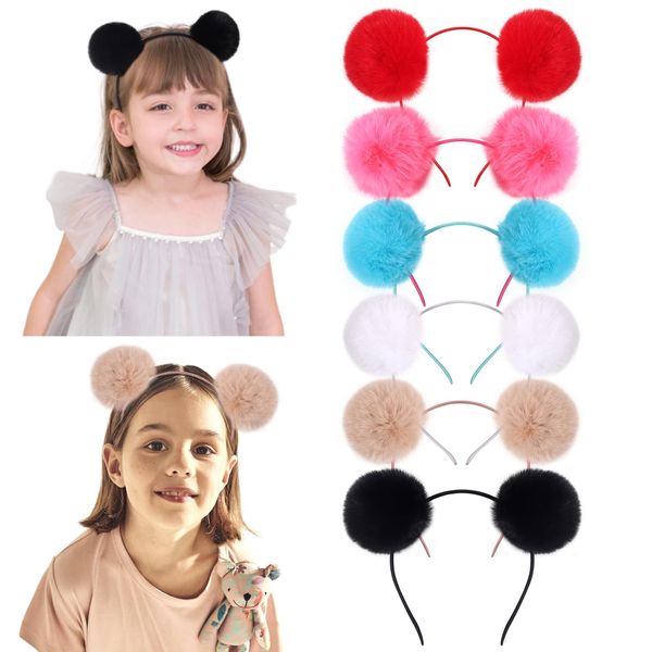 ZIRICHER 6 PCS Bear Ears headbands Fluffy Pom Pom Headband For Girls Animal Cute Ears Headband for Cosplay Dress up Costume Kids Adults Women (Multicolour)