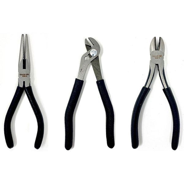 Grace USA 3-Piece Pliers Set, 6" Needle Nose Pliers, 5" Angle Nose Slip Joint Pliers, 6" Diagonal Pliers, Perfect for Woodworking & Gunsmiths, Handcrafted, Made in USA,PS3