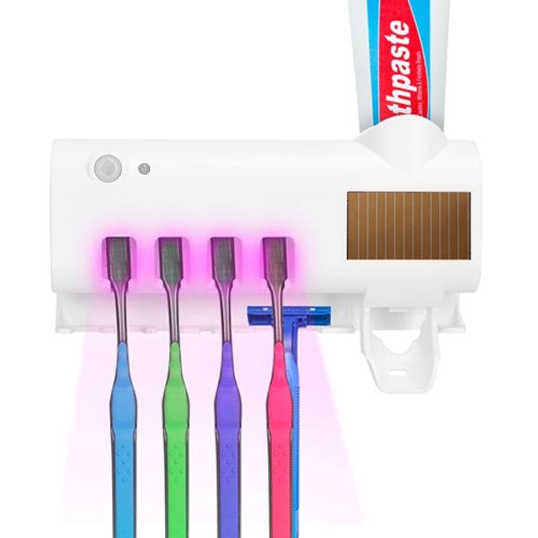 Wall Mounted Toothbrush Sanitizer Holder IR Induction UV Sanitization Rack with 4 Slots Toothpaste Dispenser for Bathroom - White