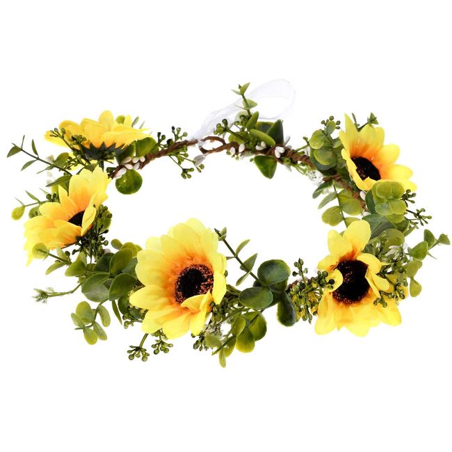 Daisy Flower Crown Headband Boho Eucalyptus Green Leaf Sunflower Floral Wreath Headpiece hair Band Wreath (sunflower-2)