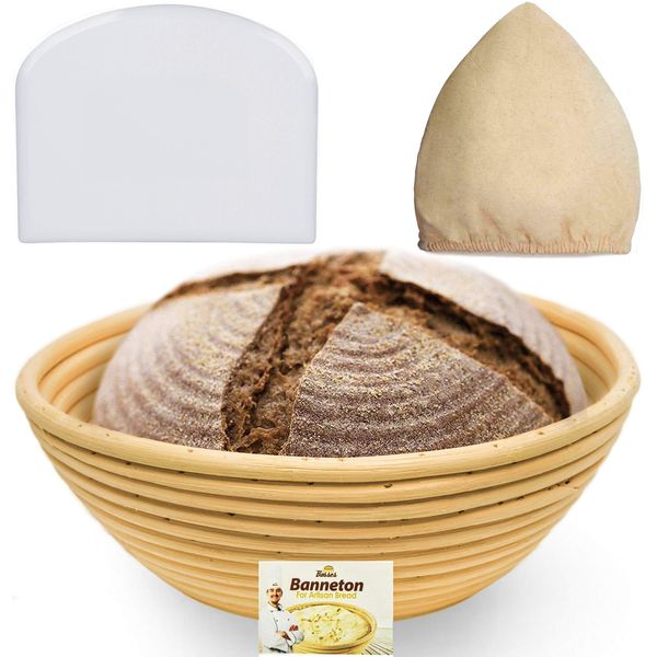 9 Inch Bread Banneton Proofing Basket - Baking Bowl Dough Gifts for Bakers Proving Baskets for Sourdough Bread Scraper Tool Starter Proofing