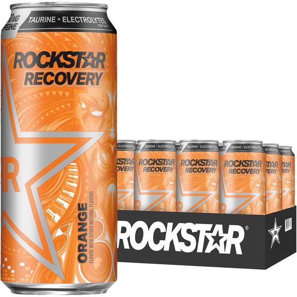 Rockstar Energy Drink with Caffeine Taurine and Electrolytes, Recovery Orange, 16 Fl Oz (Pack of 12)