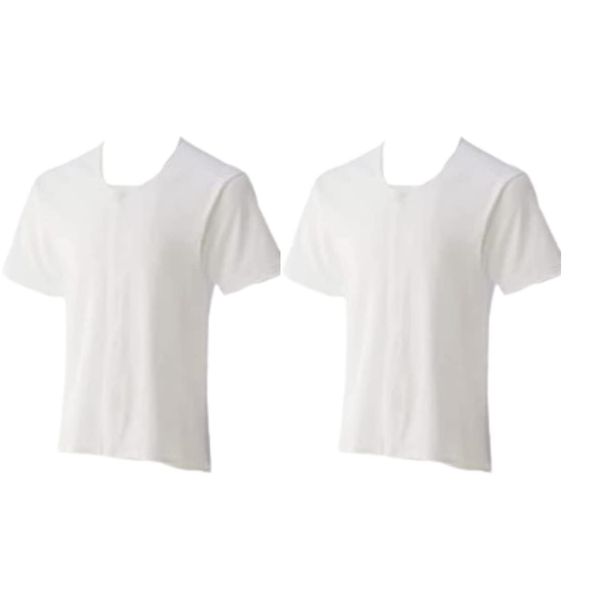 yuaseiharu Men's Short Sleeve Open Front Shirt, 2-Piece Set, 100% Cotton, One-Touch Underwear, Set of 2 Pieces, White, Short Sleeve LL)