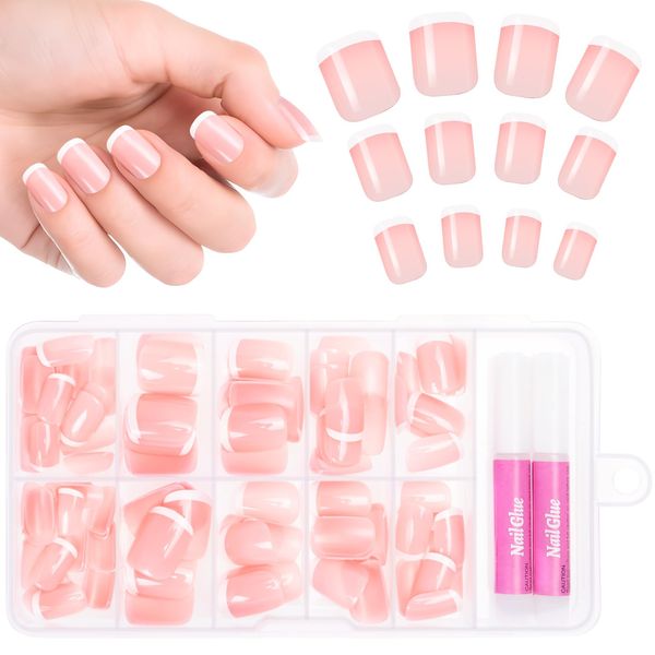 Kiiwah 120 Pcs 12 Sizes French Manicure False Nails With Glue, Full Cover Stick on False Nails for Women, Acrylic Press Fake Nails French Tip with Nail Glue for Women Girls Nails Art