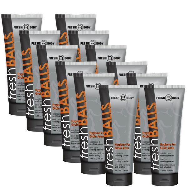 Fresh Body FB - Fresh Balls Lotion, 3.4 fl oz (12 Pack) | Anti-Chafing Men's Soothing Cream to Powder Balls Deodorant and Hygiene for Groin Area
