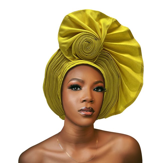 Nigerian Headtie African Head Wraps ASO Oke Gele Already Made Handmade African Turban Cap for Party (Yellow)