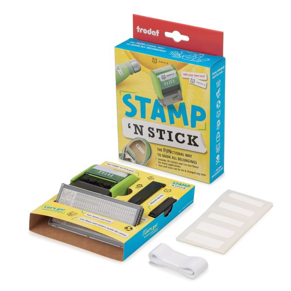 Trodat Stamp 'N Stick Uniform and Belongings Stamper & Sticker Set – English – Design Your own Stamp with dermatologically Tested Ink, Dishwasher and Washing Machine Safe