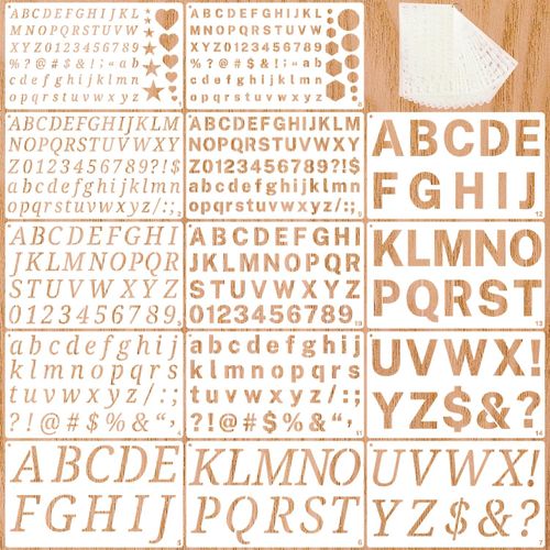 1/2, 3/4, 1, 2 Inch Letter Stencils for Painting, 14 Pack Reusable Plastic Number and Alphabet Stencil for Crafts Art Projects (9.8 x 5.9 Inch)