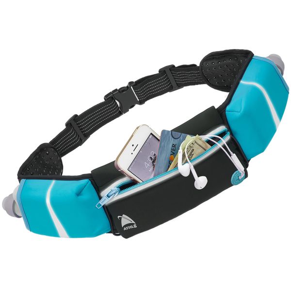 Athlé Running Belt - 2 10oz Water Bottles, Large Fanny Pack Pocket Fits All Phones and Wallet, Bib Fasteners, Adjustable One Size Fits All Waist Band, Key Clip, 360° Reflective - Blue Speed Sash